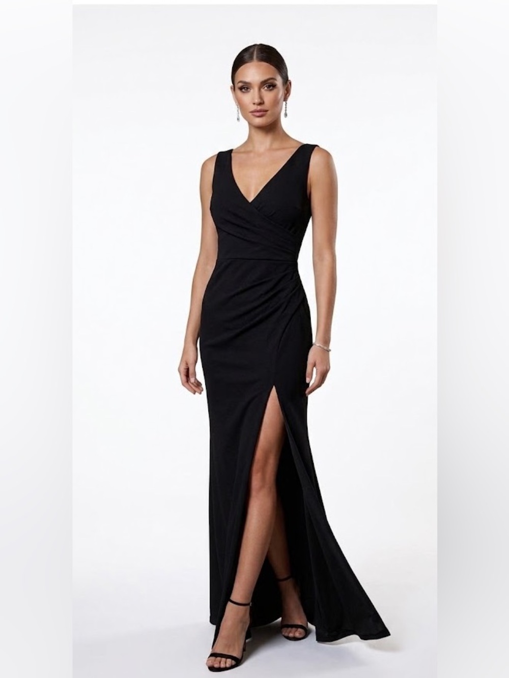 Woosea Classic Black V-Neck Evening Gown with Side Slit